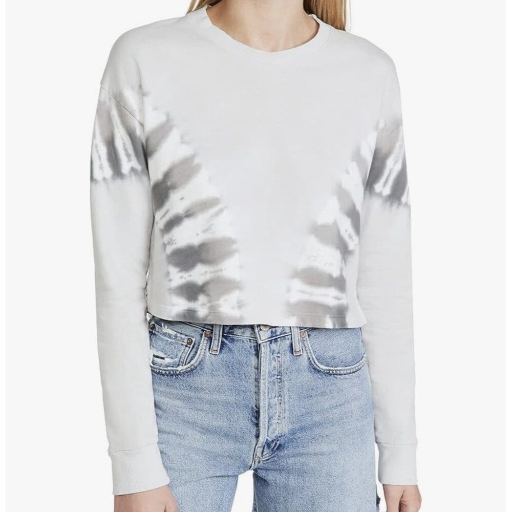 Beyond Yoga White and Gray Tie-Dye Cropped Crewneck Sweater